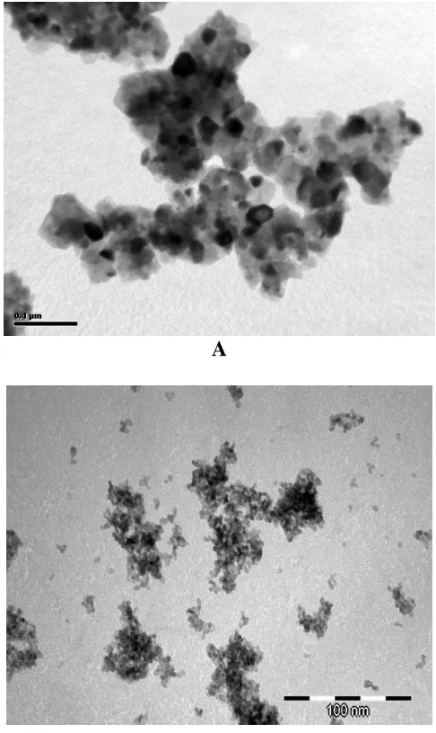 Figure 2.B  a). TEM microphotograph of the Ce0.78Gd0.2Sr0.02O2grounded powder (method A); b) TEM microphotograph of the Ce0.78Gd0.2Sr0.02O2  hydrothermally synthesized powder (method B)  