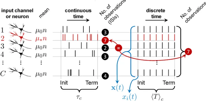 Fig 9. The mean number of ISIs to decision in continuous-time spike-trains is equivalent to the mean numberobservations to decision in discrete time.continuous time with mean C sensory neurons (input channels; left) produce sequences of ISIs in μ�n (red; b