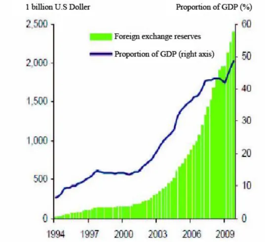 Fig. 3 Rapid accumulation of foreign exchange reserves in China (Wang &amp; Hu, 2010) 