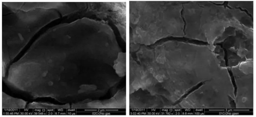 Figure 8. A sample of SEM image of anode surface at no gas flow rate, 0.01 M initial concentration of potassium dichromate solution, 5 mA/cm2 current density, and 1.5 wt