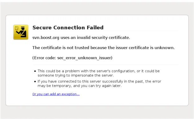 Figure 2.1: A warning in Firefox caused by a self-signed SSL certificate