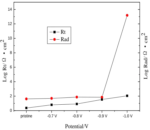 Figure 11. Fitting parameters of Rt and Rad before and after potentiostatic cathodic polarization  