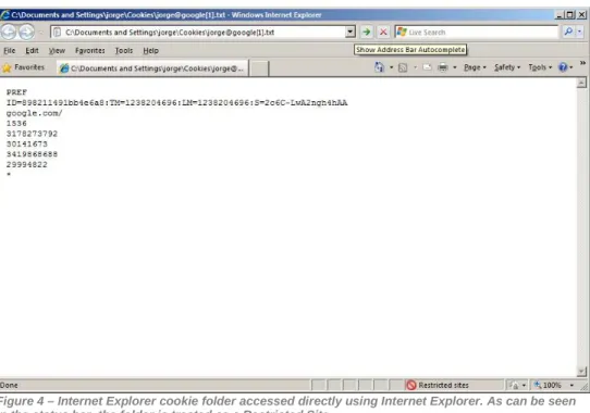 Figure 4 – Internet Explorer cookie folder accessed directly using Internet Explorer. As can be seen  in the status bar, the folder is treated as a Restricted Site 