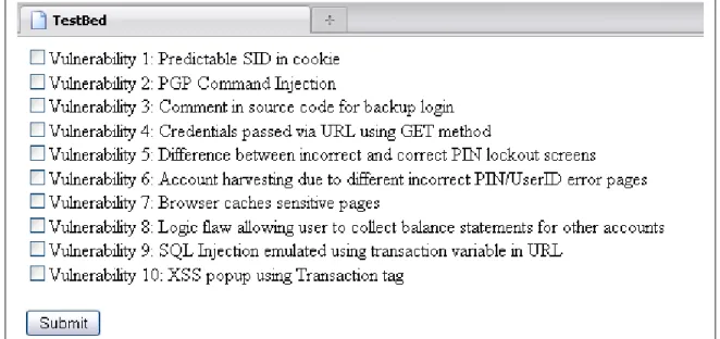 Figure 3.1: The Vulnerability Selection Page for the initial test bed prototype.