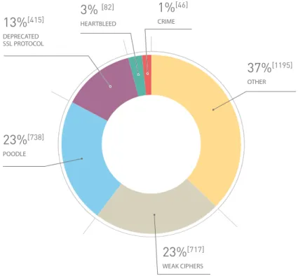 Figure 5. Identified SSL vulnerabilities.CRIME1%[46]DEPRECATED SSL PROTOCOL13%[415]HEARTBLEED3% [82] OTHER 37% [1195]POODLE23%[738]WEAK CIPHERS23%[717]
