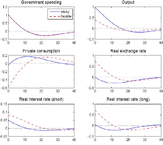 Figure 7: Effects of a government spending shock of one percent of GDP with sticky- sticky-and flexible-price allocations (Corsetti et al