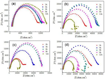 Figure 6.  EIS curves in Hank’s solution after different immersion time, (a) AC-Mg-Y; (b) HP-650-Mg-Y; (c) HP-750-Mg-Y; (d) HP-850-Mg-Y