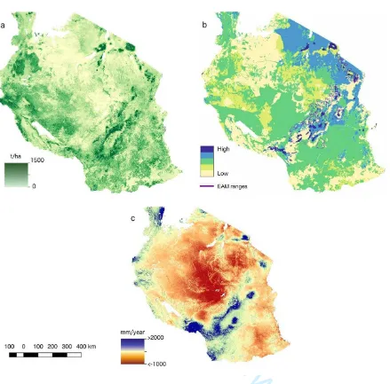 Figure S2 - Baseline maps for total carbon stock (a, ton haProof for Review-1), biodiversity richness 