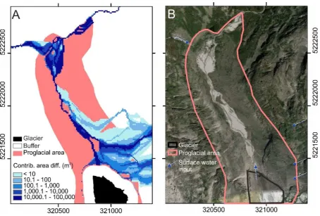 Figure 4. Visual comparison of our contributing area-derived estimate of the spatial coverage and importance of glacier meltwater (A), versus reality (B), as for the Ödenwinkelkees catchment in central Austria, where surface water inputs are from Dickson e