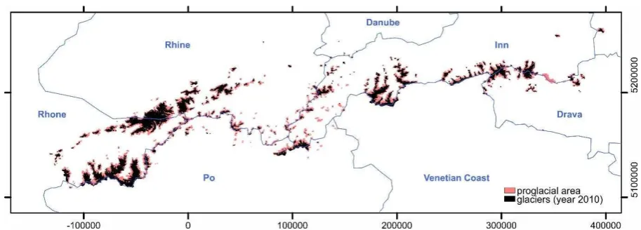 Figure 1. Spatial coverage of glaciers and proglacial systems across central Europe (Austria and Switzerland) with major drainage basin boundaries (watersheds)