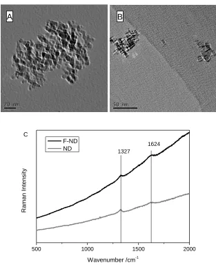 Figure 2.  TEM images of ND specimen before (A) and after fluorination at 350 °C (B), and corresponding Raman spectra (C)
