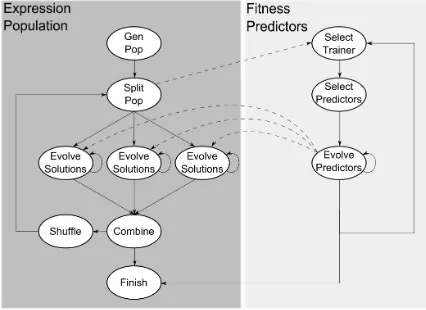 Figure 3: High level structure of this symbolic regressionimplementation. The left side demonstrates the evolution ofthe expressions while the right side depicts the evolution ofﬁtness predictors