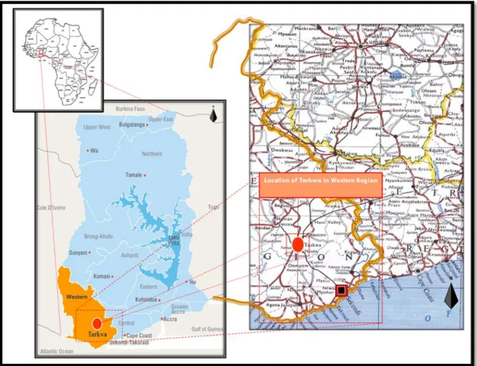 Figure 1. 1: Tarkwa in a Locational Context  Source: Adapted from Survey and Mapping Division, Accra  