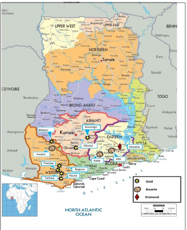 Figure 3. 2: Key Notable Mining Towns in Ghana in the Colonial Period  Source: Adapted from Survey and Mapping Division of Ghana, 2012 