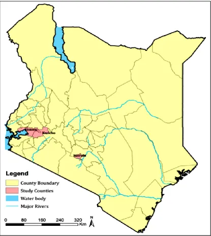 Figure 3.1: A map of Kenya showing the three counties from which the 54 S. aureus 