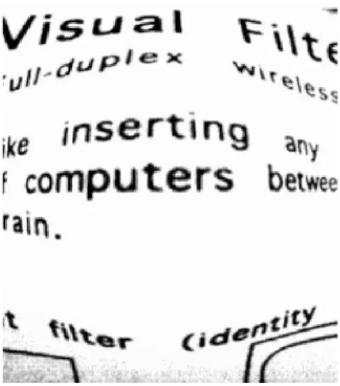 Figure 13: In order to help those with low vision, the visual field is remapped through a “hyper-fisheye.”