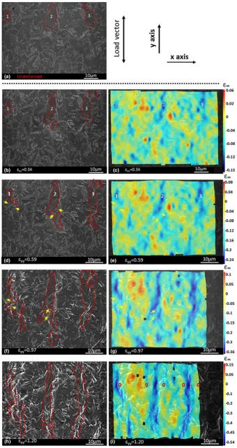 Fig. 4—Micrograph of the selected region: (agiven in the sub-ﬁgures; and (direction (vertical/) before testing (1700 times magniﬁcation); (b), (d), (f), and (h) after speciﬁc applied strains (eyy)c), (e), (g), (i) are the corresponding exx minor strain map