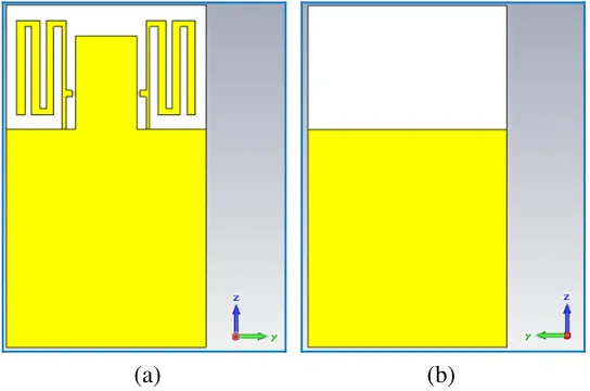 Figure 1. Two optimized meandered-line PIFA antennas, (a) (top layer) and (b) ground (bottomlayer).