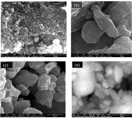 Figure 2.  SEM micrographs of as synthesized particles of a) RuSe, b) RuMo, c) RuW, d) RuSn at 100 000X