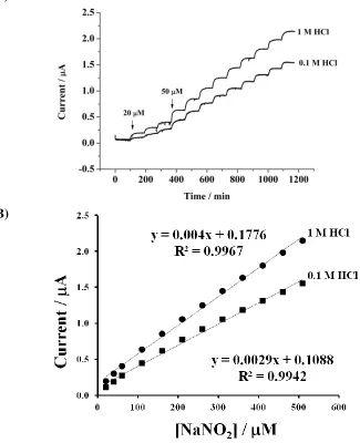 Figure 6. (A) Amperometric responses for the successive addition of NaNO2 at SPCE/BMIMFC/SG