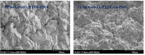 Figure 6.  XRD spectrums of Ti/SnO2-Sb2O3/PTFE-β-PbO2 and Ti/SnO2-Sb2O3/PTFE-La-β-PbO2 electrodes  