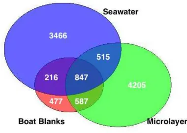 Figure S7.  Venn diagram showing numbers of molecular formulae found for each sub-set of samples using FT-ICR-MS in negative ion mode