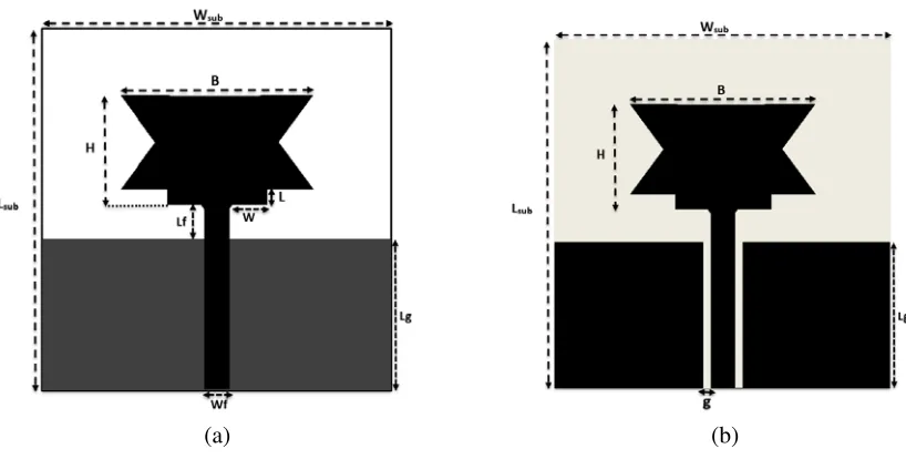 Figure 2. The geometry of the proposed antenna: (a) microstrip fed antenna, (b) CPW fed antenna.