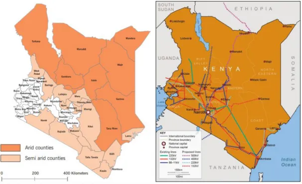 Figure 3.5 Lack of grid electricity coverage in ASAL areas of Kenya in 2013 (Source: Pueyo, 2015)        