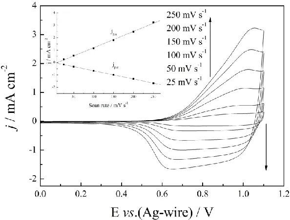 Figure 2.  The CV curves recorded in a monomer-free 0.2 M NaClO4/ACN/DCM (1:1, by volume) solution of P(2,6-BTN) at different potential scan rates
