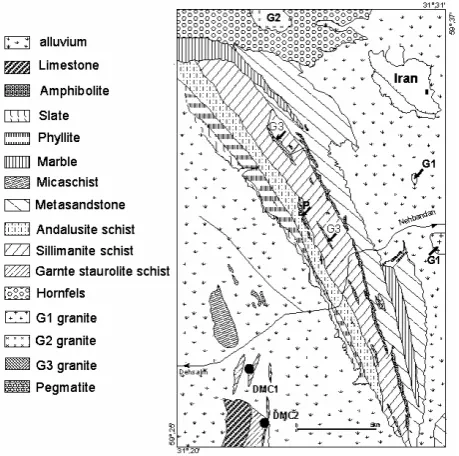 Figure 1.  Geological map of the Dehsalm Metamorphic Complex. Circles showing location of samples (modified after Sahandi, [23])