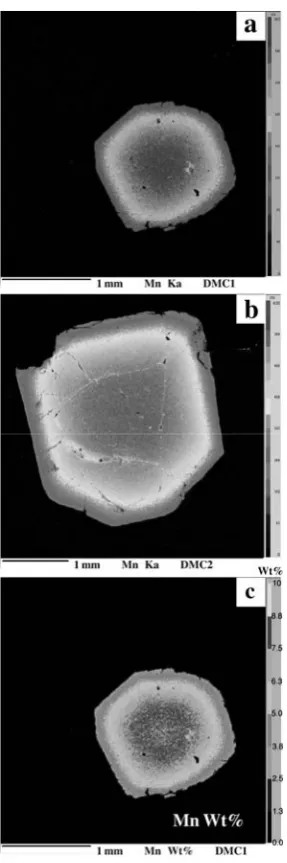 Figure 6.  EMPA Mn X-ray maps in garnet porphyroblasts. Qualitative (a & b) and quantitative (c) concentrations of Mn follow the same pattern observed in normal growth zoning of garnet crystals