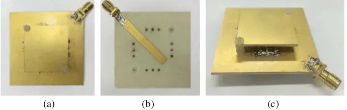 Figure 10. The fabricated antenna prototype. (a) Top view. (b) Bottom view. (c) Overview.