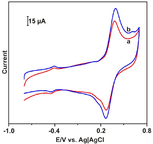 Figure 5. (A) Cyclic voltammograms recorded at ERGO/GOx  biocomposite film modified GCE without (a) and with (b) 10 mM glucose containing deoxygenated PBS with 5 mM FMCA