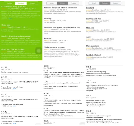 Figure 3. A sample user reviews and history version in the app store. From left to right on 