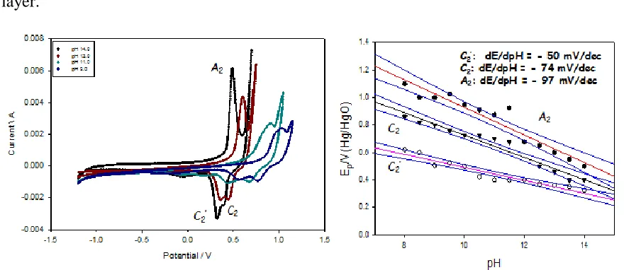 Figure 13. (a) Typical voltammetric response recorded for a hydrous nickel oxyhydroxide thin film on Ni support electrode grown in aqueous 1.0 M NaOH for N = 120 cycles