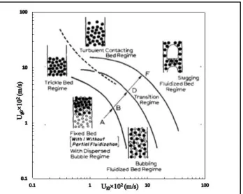 Figure 1.2 Flow regimes in the three-phase inverse fluidized bed. (Fan et al., 1982) 