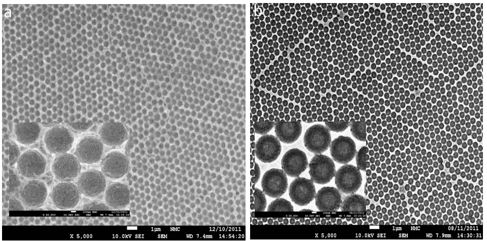 Figure 4. SEM images of Zn nanostructured films from 49 mM (Zn(TFSI)2) in (PYR14TFSI) ionic liquids at 25 °C, on a) on ITO and b) on Au-substrates after the PS beads were dissolved in DMF