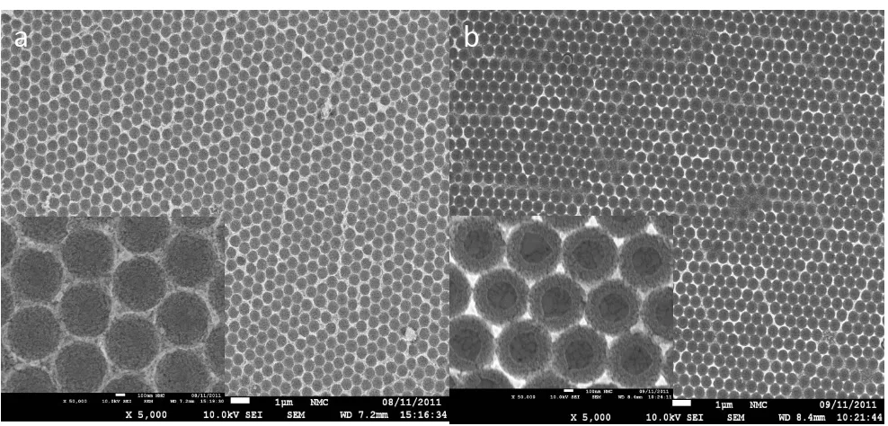 Figure 5.  SEM images of Zn nanostructured films from 49 mM (Zn(TFSI)2) in (PYR14TFSI) ionic liquids at 25 °C, on a) on ITO and b) on Au-substrates after PS have dissolved out in DMF and heating at 400 °C for 20 hours