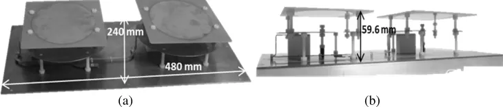 Figure 7. (a) Two-element array structure. (b) Patch and fed line ﬁxing mechanics.