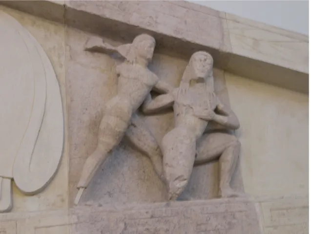 Figure 4: Zeus about attack a Titan (or a Giant?) on the West Pediment of the Temple to Artemis at  Corcyra (Image Source: By Dr.K