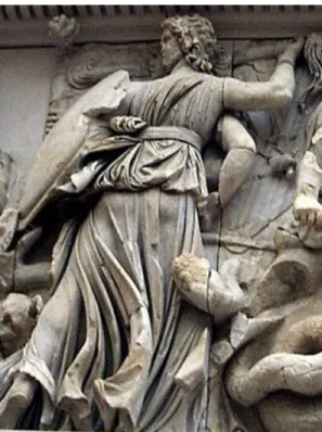 Figure 7: Hecate on the East Frieze of the Great Altar of Pergamum (Photo Credit: CC BY-SA 3.0,  https://commons.wikimedia.org/w/index.php?curid=3511291)