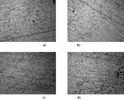 Figure 2.  EN 1.4462 microstructure in a specimen with different cross-sectional area: (a) 0.02 cm2 (diameter = 1.6 mm); (b) 0.13 cm2 (diameter = 4 mm); (c) 0.28 cm2 (diameter = 6 mm) and 0.5 cm 2 (diameter = 8 mm)  