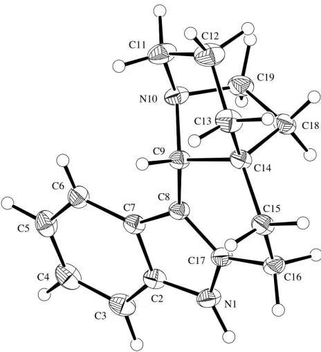 Figure   3-­‐5.   ORTEP   derived   from   the   single-­‐crystal   X-­‐ray   analysis   of   pentacycle   171   (with   labelling   of   non-­‐hydrogen   atoms)