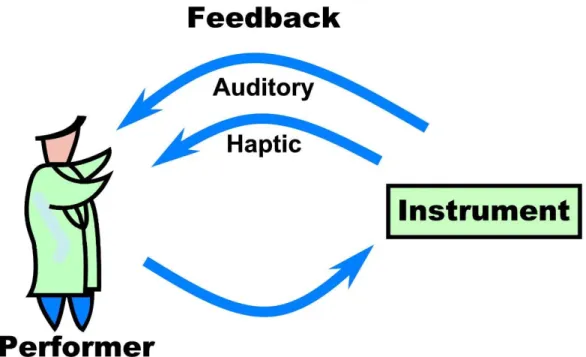 Fig. 1.1. Haptic and auditory feedback paths in the musician/instrument interaction