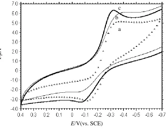 Figure 5.  CVs of 300 μM [Cu(bpy)(MBZ)2(H2O)] in 20 mM pH 7.1 Tris-HCl buffer at bare GCE (a), ssDNA/GCE (b) and dsDNA/GCE (c)