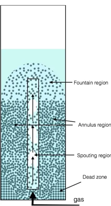 Figure 1.4 Sketch of gas-driven gas-liquid-solid spouted bed with draft tube. Arrows 