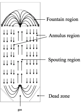 Figure 2.1 Particle moving track in spouted bed  (Arrows indicate direction of solids motion) 