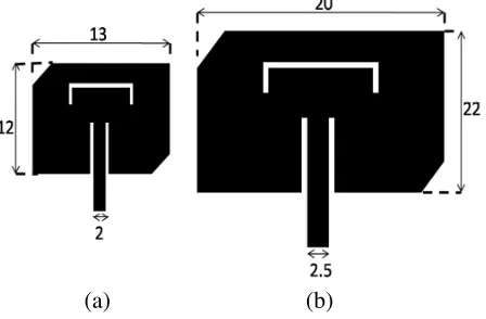 Figure 12 shows a size comparison between a conventional microstrip antenna and the antenna that wehave previously designed using two cells of DGS, and both resonating at 3 GHz.We can see thatemploying a defected ground plane beneath the microstrip patch antenna allows us to reduce theconventional surface up to 50%.