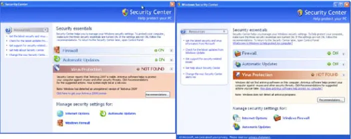 Figure 2. AntiVirus 2009 Security Center (left) vs. legitimate Windows Security Center (right) Courtesy: Symantec