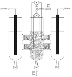 Figure 12 . Scheme of the fluidised-bed reactor, with both electrode compartments connected through high-area glass frits